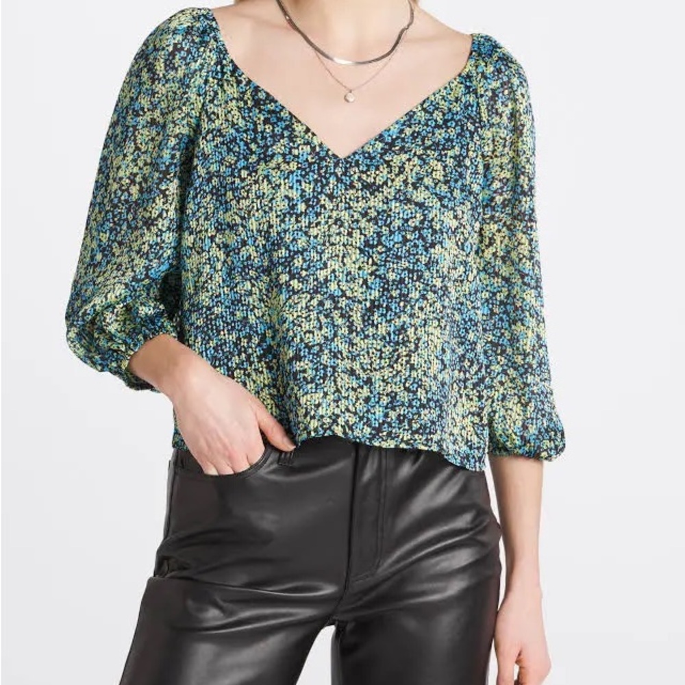 Steve Madden Women’s 3/4 Sleeve Square Neck Black Multi Floral Top Women's